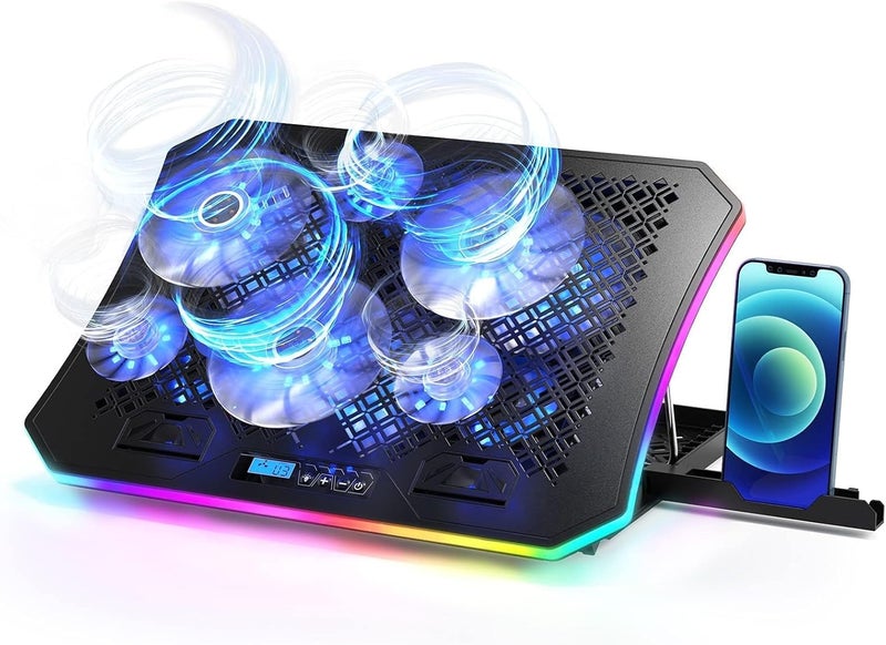 KeiBn وسادة تبريد لابتوب مطورة، مع أضواء RGB، مبرد لابتوب بـ 6 مراوح لأجهزة اللابتوب من 15.6 إلى 17.3 بوصة، 7 ارتفاعات، 10 أوضاع إضاءة، 2 منفذ USB، للاستخدام على المكتب أو في الحضن (A8، أزرق) - Image 1